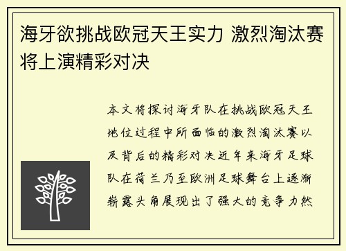 海牙欲挑战欧冠天王实力 激烈淘汰赛将上演精彩对决