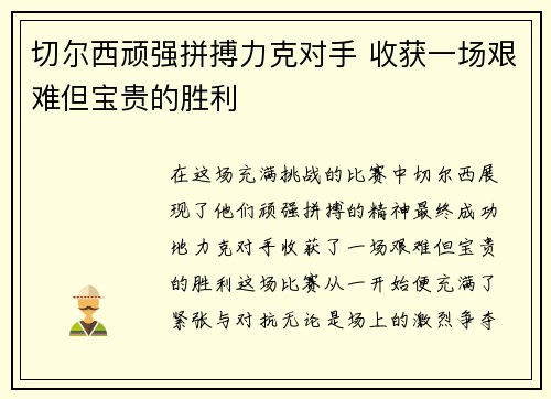 切尔西顽强拼搏力克对手 收获一场艰难但宝贵的胜利