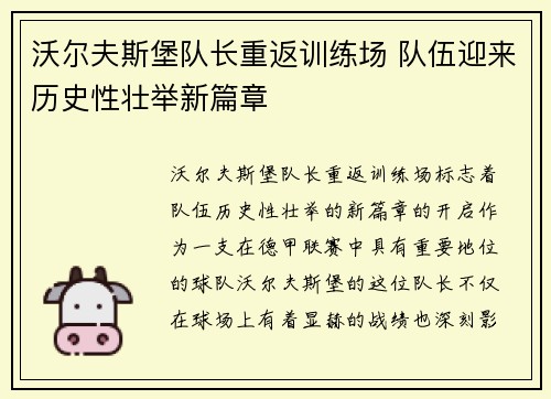 沃尔夫斯堡队长重返训练场 队伍迎来历史性壮举新篇章