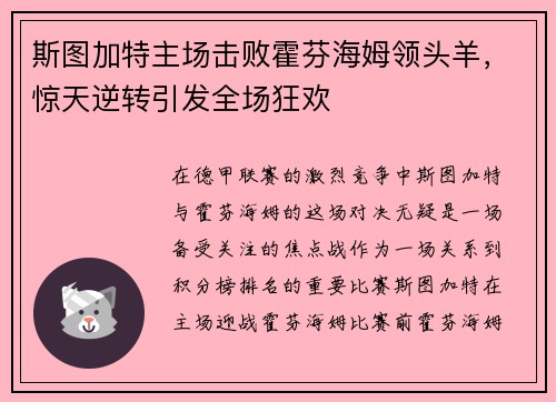 斯图加特主场击败霍芬海姆领头羊，惊天逆转引发全场狂欢