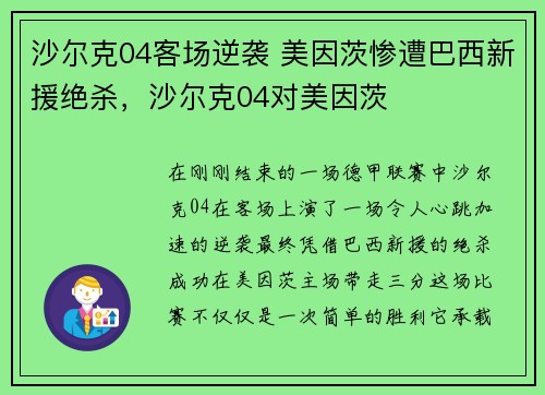 沙尔克04客场逆袭 美因茨惨遭巴西新援绝杀，沙尔克04对美因茨
